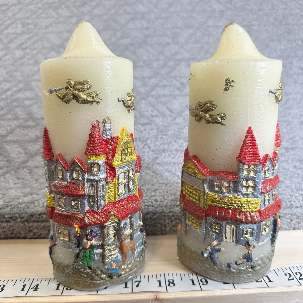 Set of 2 Christmas‎ Village House Pillar Candles Gold Angels Festive Decor